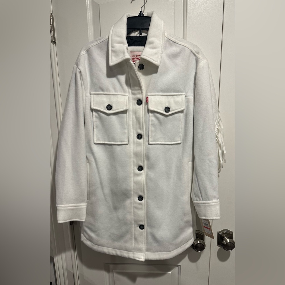 Winter White Levi’s Women Long Oversized Fringe Fashion Jacket Sz XS NWT $150 - Picture 2 of 9